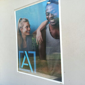 Graphic on window of girl and guy post workout